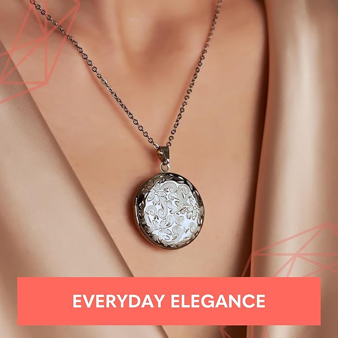 Locket Necklace for Women Girls, 18” Jewelry Chain, Picture Photo Inside, Cadenas para mujer, Personalized Custom Name Gold Locket, Customized Couples Locket, Silver, Rose Gold, Gold