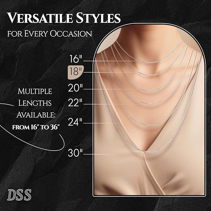 DSS 925 Sterling Silver Necklace for Women, 8 Sided Snake Chain 1.6mm, Lobster Claw Clasps, Sterling Silver Chain, Italian Jewelry for Women, 16in - 30in