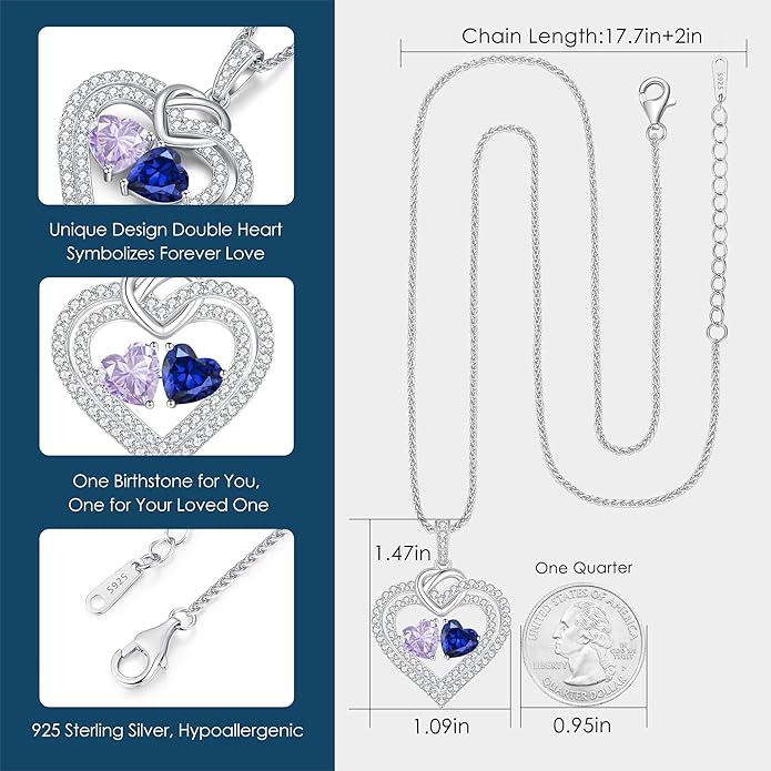 LOUISA SECRET Sparkling Double Heart Birthstone Necklaces for Women, 925 Sterling Silver Fine Jewelry, Pendant Heart Necklaces Birthday Anniversary Christmas Gift for Women Wife Mom Girlfriend Lady