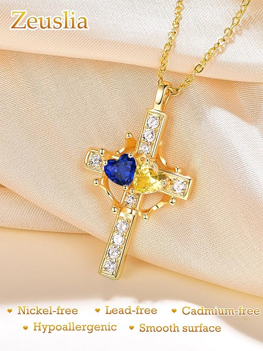 Zeuslia Double Birthstone Necklace Gifts for Wife - 925 Sterling Silver Sunflower/Rose/Crown Cross/Compass/Heart Pendant I Love You Necklace, Anniversary Birthday Gifts for Wife Girlfriend Mom Her
