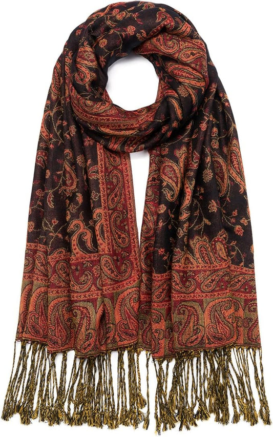 QIUTIMIY Paisley Pashmina Shawl Wrap Women Reversible Vintage Jacquard Pashmina Rave Scarf with Fringe for Evening, Wedding