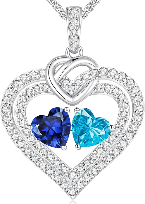 LOUISA SECRET Sparkling Double Heart Birthstone Necklaces for Women, 925 Sterling Silver Fine Jewelry, Pendant Heart Necklaces Birthday Anniversary Christmas Gift for Women Wife Mom Girlfriend Lady