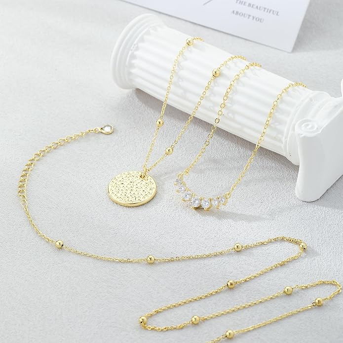 Layered Gold Necklace for Women Trendy 14K Gold Plated Heart CZ Pendant Layered Gold Necklaces Set Coin Choker Necklaces Simple Circle Cubic Zirconia Pearl Necklace Stack Herringbone Paperclip Chain Jewelry Set