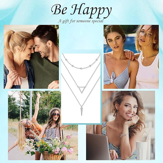 S925 Sterling Silver Layered Necklaces Multi 3 Layer Circle Bar Boho Long Triple Choker Pendant Necklace Jewerly Gift for Women