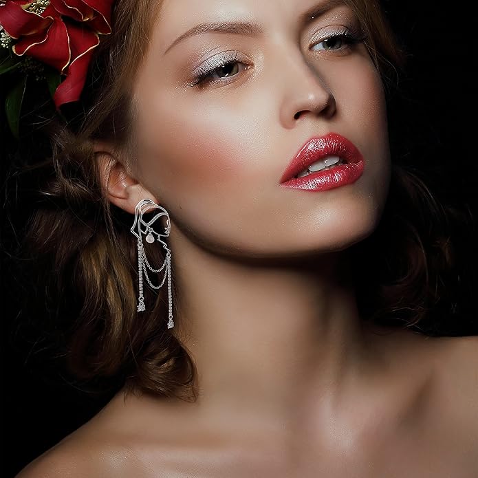 Unique Abstract Face Art | Dangle Statement Long Earrings for Women | Rhinestone Tassel Handmade Chandelier Earrings