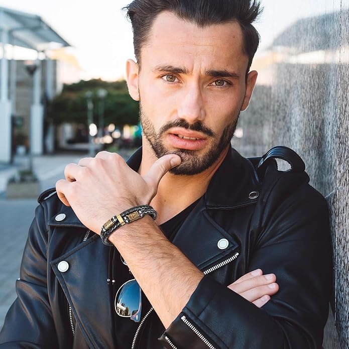 Viking Leather Bracelet For Men Balck Cool Handmade Stackable Jewelry, Faith and Courage Bangle Bracelets