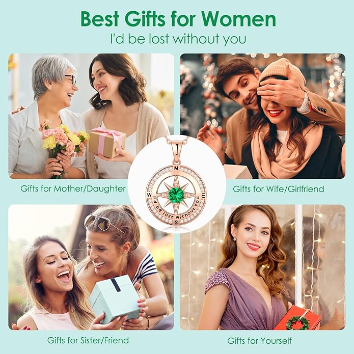 Zifeel Compass Necklace Gifts for Women wife - S925 Sterling Silver Birthstone Necklaces for Women - Anniversary Birthday Gifts for Her Wife Girlfriend - Valentines Mom Mothers Day Christmas Gifts Jewelry for Women