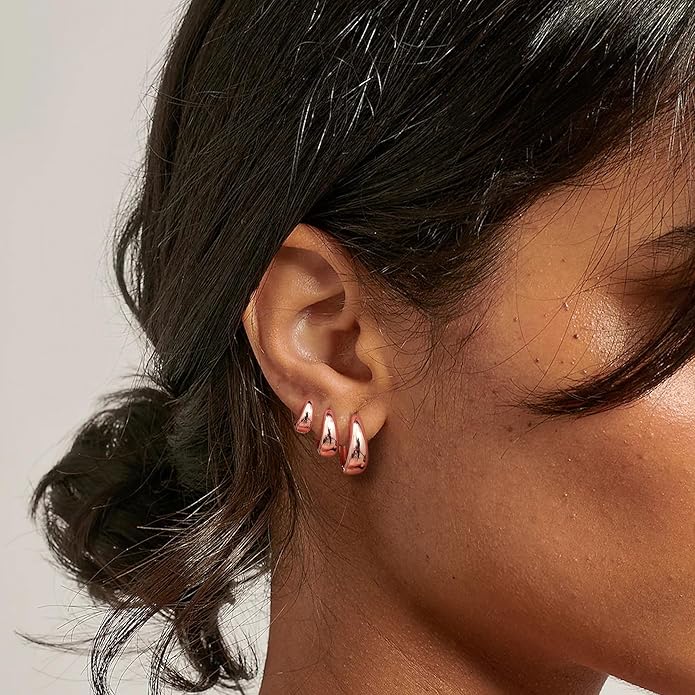 BESTEEL 3Pairs 14K Gold Plated Hoop Earrings Set for Women Chunky Earring Silver Plated Hypoallergenic Small Huggie Hoops Lightweight Tiny Thick Trendy Hoop Earrings Stacks for Multiple Piercing