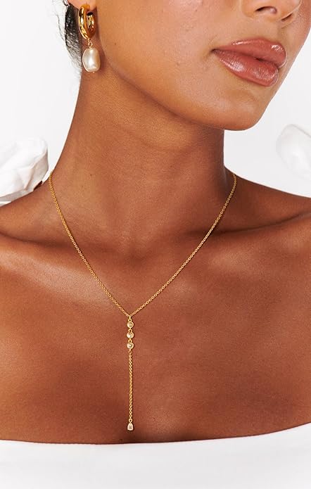 Lariat Gold Necklaces for Women Trendy Dainty Long Necklace 14k Gold Plated/Silver Layered Drop Beaded Chain Necklaces Y-shaped Pendant Necklace Simple Gold Jewelry Gifts
