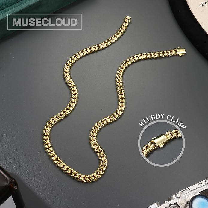 MUSECLOUD Gold Cuban Link Chain for Men Mens Stainless Steel Miami Curb Chains Necklace 5/8mm Thick Real Gold/Silver/Black Plated Diamond Cut Non-Tarnish Jewelry Trendy Christmas Gifts 18-26 Inch