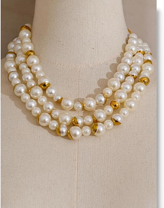 Layered Pearl Statement Necklace for Women, Chunky Multi Strand Imitation Pearl Choker Collar Necklace with Gold Accents, Vintage Gatsby Jewelry for Wedding Party Evening Cocktail Prom