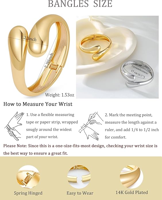 Bangle Bracelets for Women | 14K Gold Plated Trendy Wide Bracelets | Hinged Arm Cuff Bangles Chunky Bracelet for Women