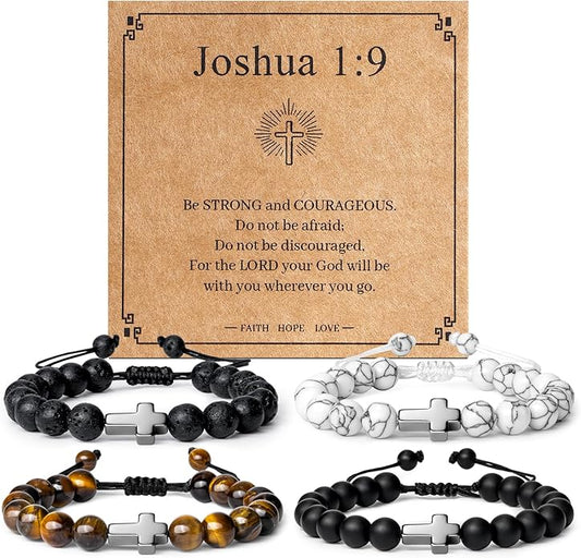 Romass 2Pcs Cross Bracelet for Men,Tiger Eye Beaded Bracelets 8MM Natural Stone Adjustable Jewelry Christian Easter Christmas Gifts Box
