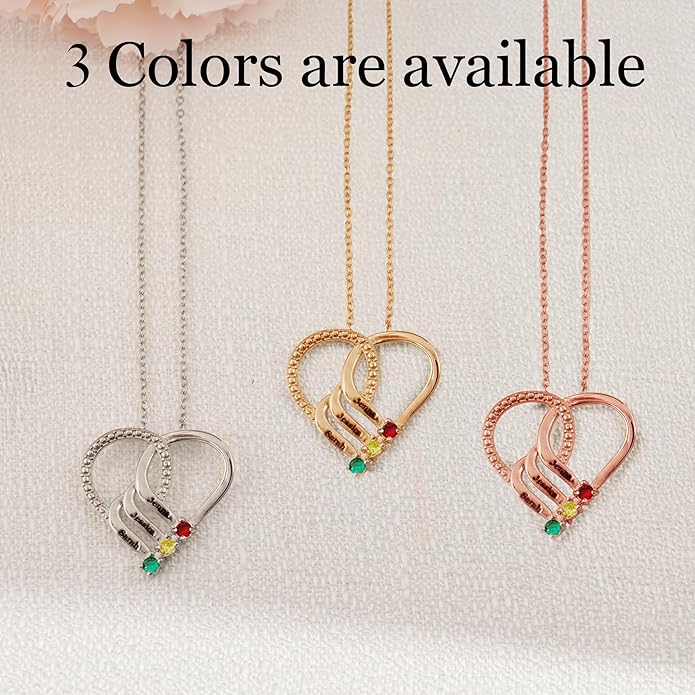 Easycosy Custom Name Necklace with Simulated Birthstones Customized Promise Necklace Heart Pendant with Engraved 2-6 Names - Anniversary Birthday Christmas Jewelry Gifts for Women Wife Mom Grandma