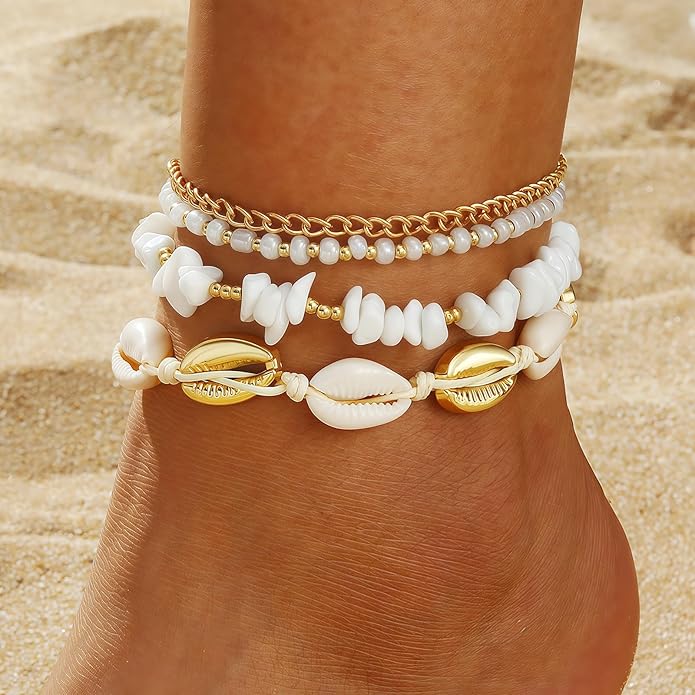 Shell Ankle Bracelet Set for Women, Gold Plated Boho Bead Adjustable Anklet, Hawaiian Beach Seashell Pearl Heart Starfish Conch Foot Jewelry Gifts