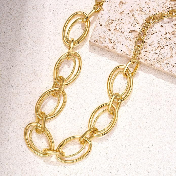 Chunky Gold Necklace for Women: 14k Gold Plated Loop Chain Link Statement Choker Necklace for Women - Chunky Fashion Pendant Jewelry