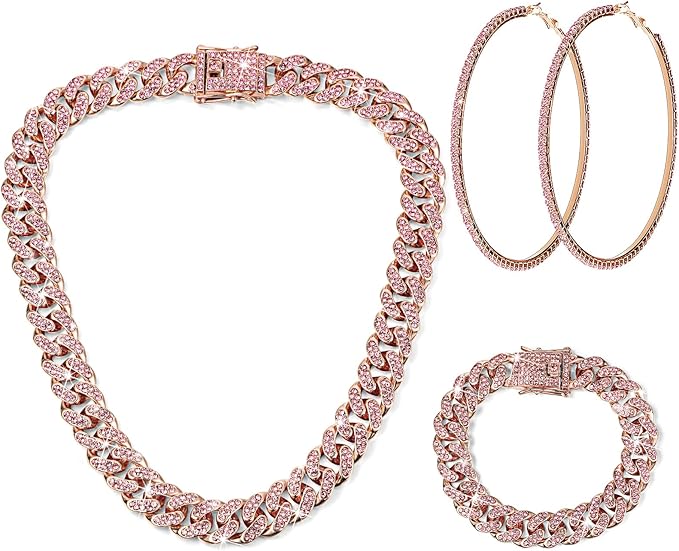 Batiyeer 3 Pcs Cuban Link Chain Necklace Bracelet Rhinestone Hoop Earrings Bling Crystal Hip Hop Jewelry for Women(18 Inch,Rose Gold Pink)