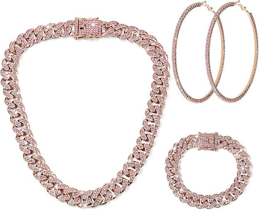Batiyeer 3 Pcs Cuban Link Chain Necklace Bracelet Rhinestone Hoop Earrings Bling Crystal Hip Hop Jewelry for Women(18 Inch,Rose Gold Pink)