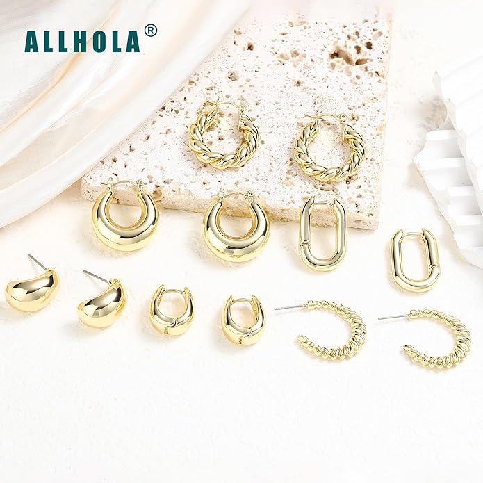 6 Pairs 14K Gold Plated Hoop Earrings for Women Trendy Chunky Lightweight Hoop Earrings Multipack Hypoallergenic, Thick Twisted Huggie Hoops Earring Set Jewelry for Gifts