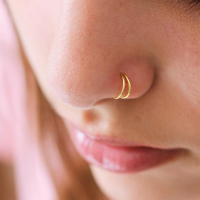 2 PCS Small Cartilage Double-Hoop Helix Conch Piercing Earrings With Cubic Zirconia For Women Trendy 14K Gold Plated Titanium Surgical Stainless Steel Sets Jewelry