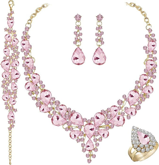 Paxuan Crystal Bridal Wedding Jewelry Sets for Women Rhinestone Teardrop Crystal Statement Choker Necklace Drop Earrings Link Bracelets Rings Teardrop Jewelry Set for Brides Bridesmaids