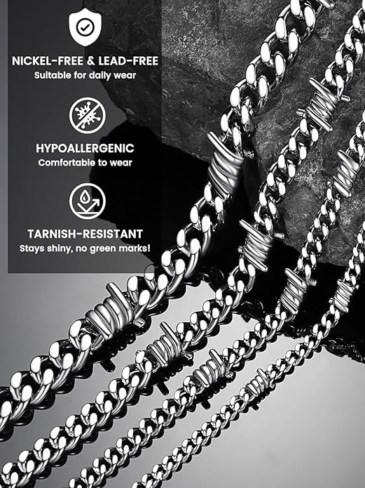 Bestyle Barbed Wire Necklace 5/7/9/12mm Mens Chain Necklaces Hip-hop Punk Gothic Stainless Steel Chain Heavy Thick Cuban Link Chain for Men Women, Length 16/18/20 Inch