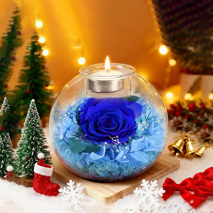 Forever Real Roses in Glass with Scented Candle, Christmas Gift Ideas Preserved Flower Christmas Gifts for Women Her Girlfriend Wife Mom on Valentines Birthday Anniversary Blue