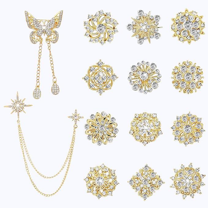 Yhsheen Gold Rhinestone Brooches Pin Kits Crystal Pearl Brooches for Bouquets for Wedding Decoration Accessories Jewelry Making Crafts(Gold-14PCS)-C