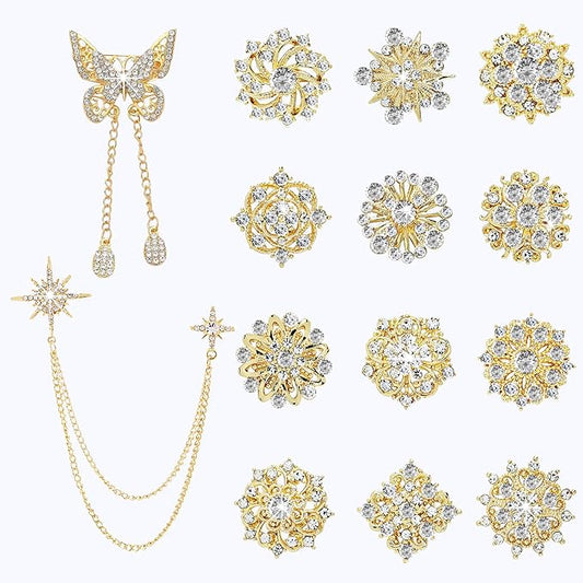 Yhsheen Gold Rhinestone Brooches Pin Kits Crystal Pearl Brooches for Bouquets for Wedding Decoration Accessories Jewelry Making Crafts(Gold-14PCS)-C