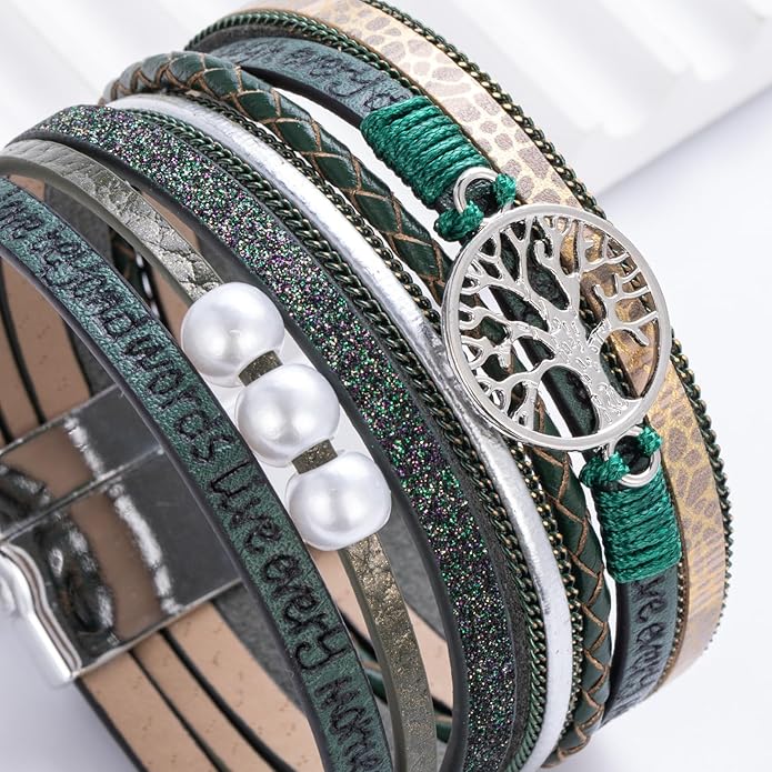 FANCY SHINY Tree of Life Leather Wrap Bracelet Inspirational Cuff Bangles Boho Pearl Bracelets with Magnetic Clasp Unique Jewelry Gifts for Women
