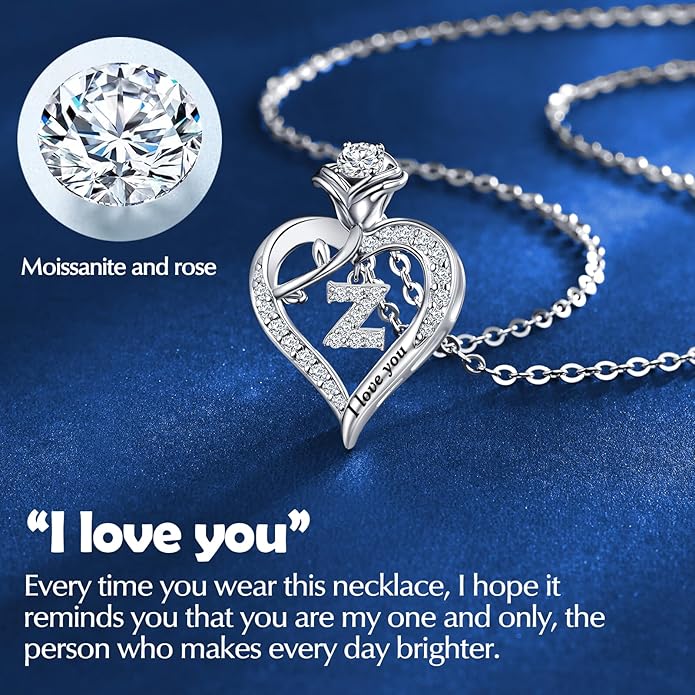 DWWGE Rose Heart Pendant Necklace Gifts for Wife, Engraved 'I love you' Gift for Wife Girlfriend, Anniversary Birthday Eternity Jewelry Present for Women, Moissanite Necklace Gift for Her