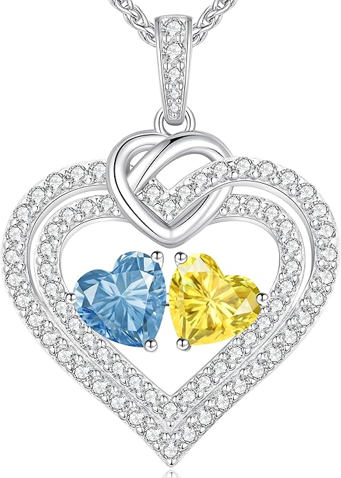 LOUISA SECRET Sparkling Double Heart Birthstone Necklaces for Women, 925 Sterling Silver Fine Jewelry, Pendant Heart Necklaces Birthday Anniversary Christmas Gift for Women Wife Mom Girlfriend Lady