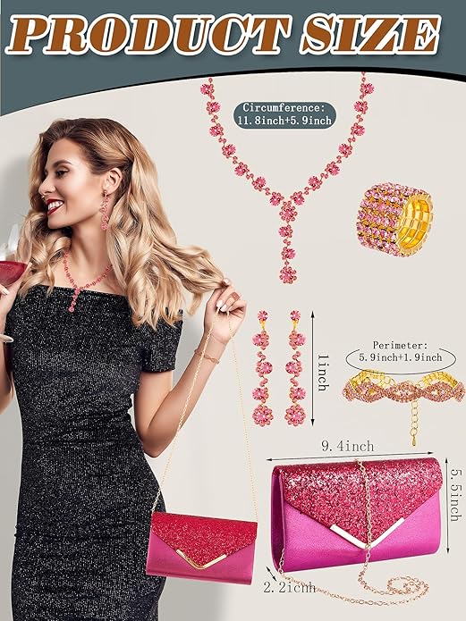 Henoyso 5 Pcs Purse Rhinestone Jewelry Set Prom Jewelry Rhinestone Clutch Purse Necklace Earrings Bracelets for Women Bride