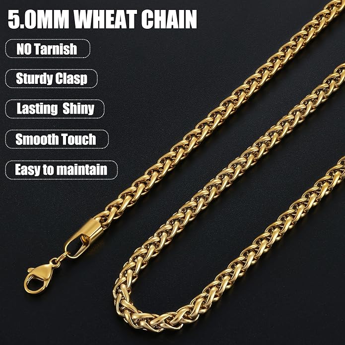 Fiusem Black Wheat Chains for Men and Women, 2/2.5/3/4/5mm Stainless Steel Necklace Chain, Mens Necklace Jewelry Gift 16-28 Inch