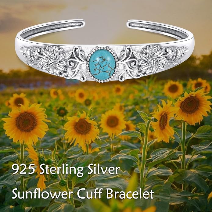 Genuine Turquoise Cuff Bracelet for Women, 925 Sterling Silver Adjustable Sunflower Bangle, Vintage Carved Boho Jewelry Gift for Christmas or Birthday
