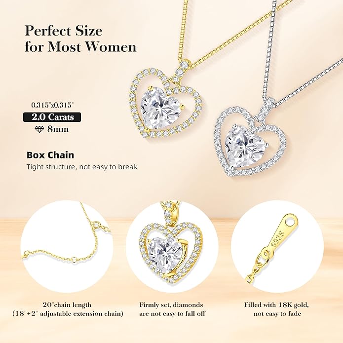 2CT Moissanite Heart Necklace for Women Wife in Gift Box,S925 Sterling Silver Jewelry for Women,Anniversary Birthday Present for Wife Her Girlfriend,18K Gold/White Gold Filled