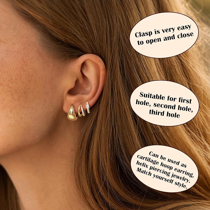 LOYALLOOK 3Pairs Gold Hoop Earrings Set for Women Trendy Huggie Hoop Earrings Stacks for Multiple Piercing 14K Gold Plated Chunky Hoop Earrings Set Hypoallergenic Cartilage Earring Lightweight