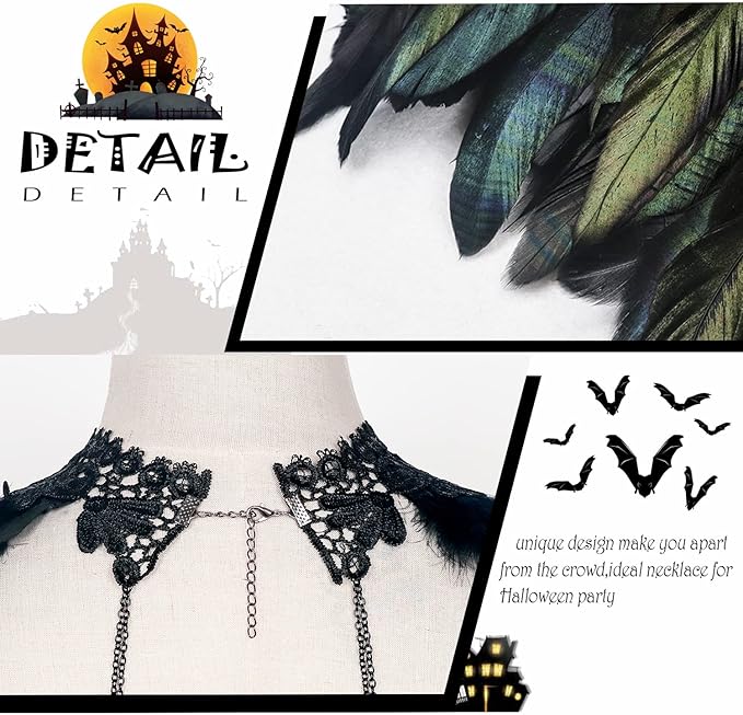 L'VOW Real Black Feather Harness Lace Collar Necklace Bib Halloween