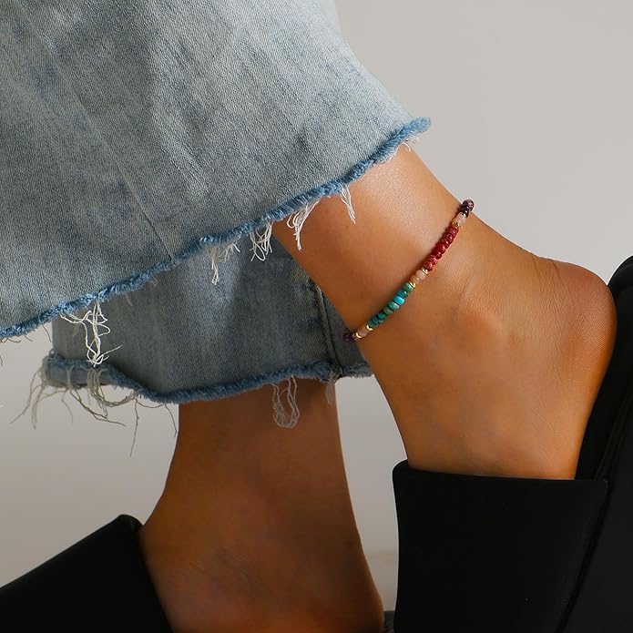 Natural Stone Beaded Anklets Bracelets for Women Handmade Beaded Anklet Bracelet Waterproof Boho Beads Ankle Bracelet Adjustable Summer Jewelry