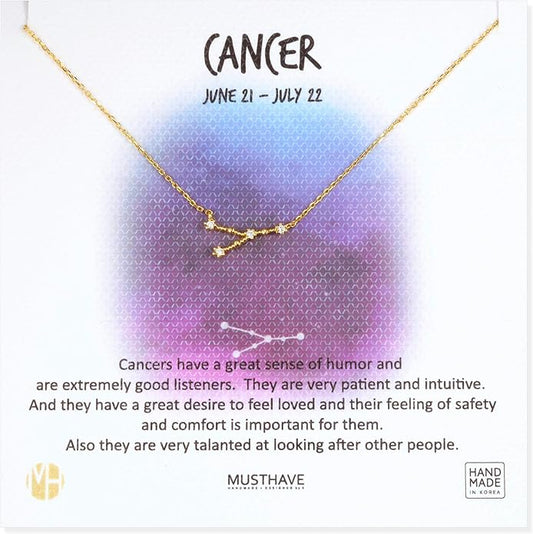 Zodiac 18K Gold Plated CZ Necklace With Message Card, Yellow Gold Color, Anchor Chain, Best Gift Necklace, Size 16 inch + 2 inch Extender, Pendant, Constellation, Gift Card
