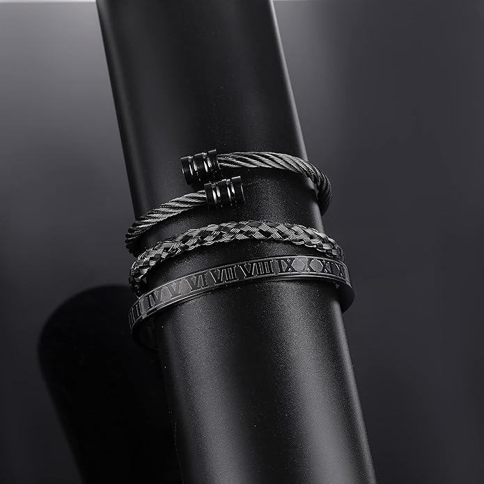 WFYOU 3PCS Stainless Steel Bracelets for Men Gold Roman Numeral Bangle Bracelet Twisted Cable Bracelet Adjustable Cuff Bracelet Mens Luxury Jewelry Bracelets Gifts
