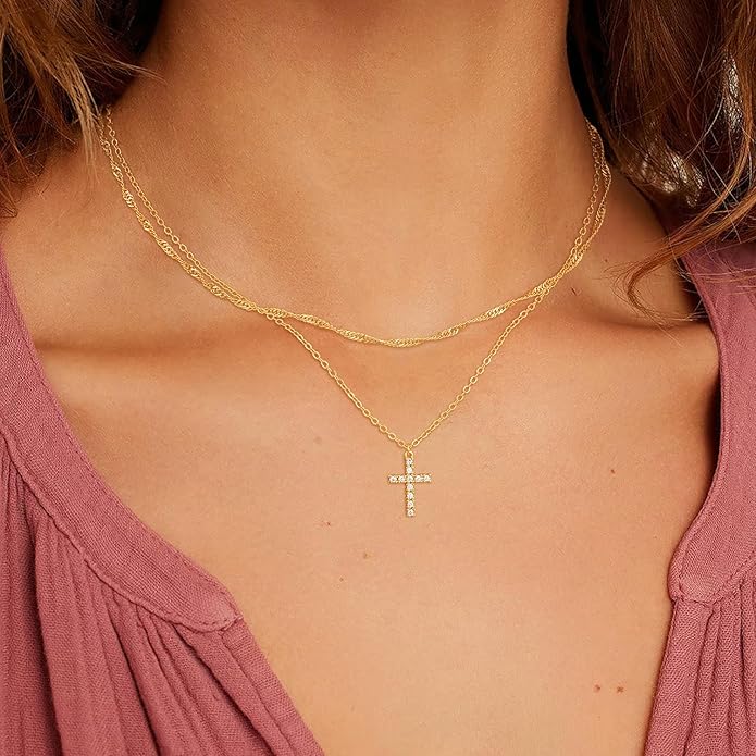 Cross Necklace for Women Dainty 14K Real Silver Gold Plated Layered Cross Pendant Necklace Stack Simple Trendy Cute Charm Choker Necklaces Jewelry Gift for Women Teen Her