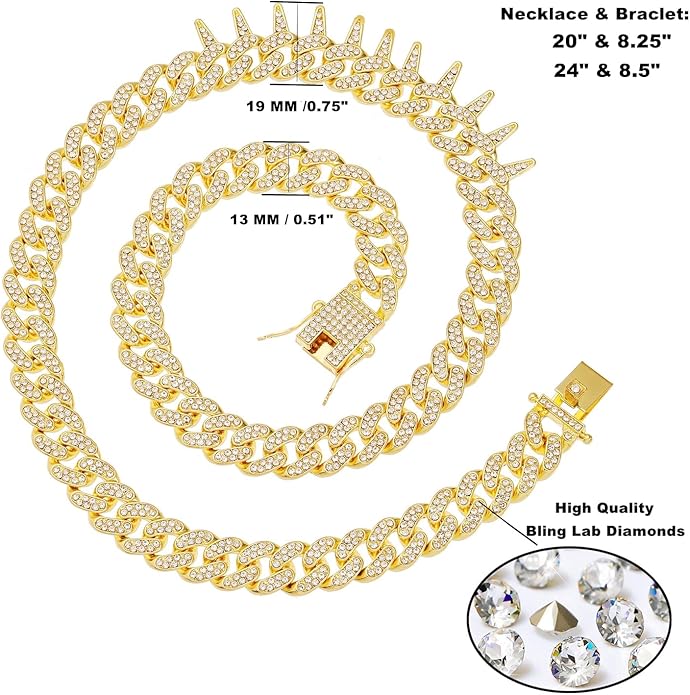 HH BLING EMPIRE Mens Gold Silver Plated Spike Cuban Link Chain Necklace and Bracelet Sets, Chunky Iced Out Diamond Miami Cuban Link Chains Hip Hop Jewelry