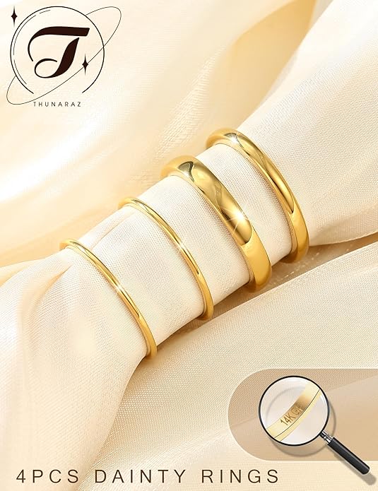 THUNARAZ 14K Gold Filled Rings Stacking Rings for Women Stackable Thin Gold Ring Plain Pinky Thumb Midi Statement Band Ring Comfort Fit 4Pcs 1mm 2mm 3mm 5mm