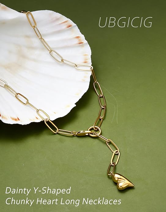UBGICIG Honeycomb Layered Pendant Necklaces for Women Stackable, Dainty Y-Shaped Lariat Paperclip Pearl Heart Necklace, 16K Gold Silver Plated Long Necklaces Women's Trendy Drop Chain Necklace Jewelry