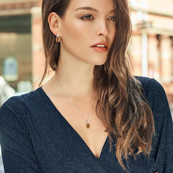 Gemstone Birthstone and White Created Sapphire Pendant and Earrings Jewelry Set for Women in 925 Sterling Silver | Oval 8X6MM and Round 2.5MM | With 18 Inch Chain | Fine Jewelry for Her Mom Women Wife