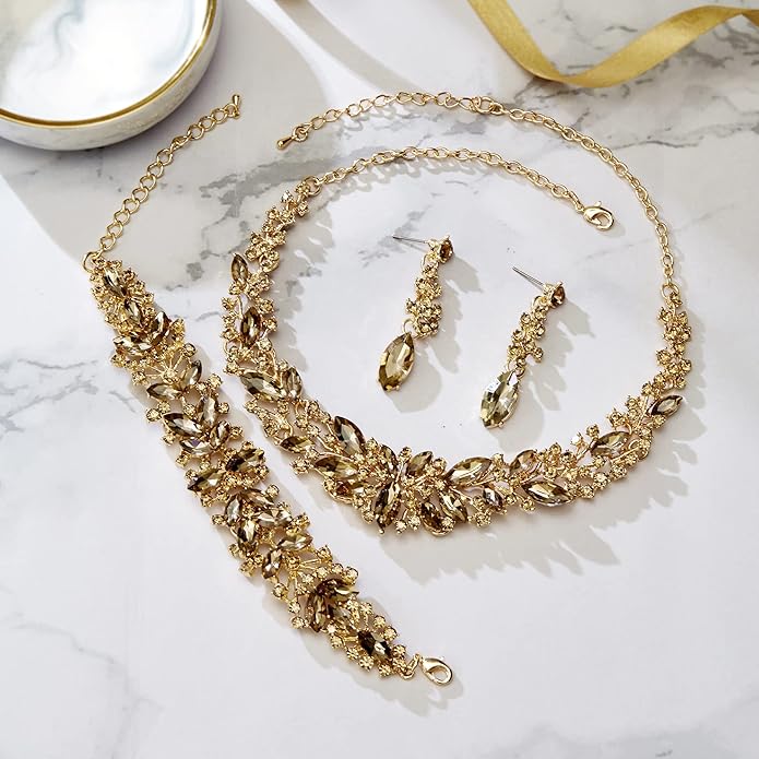 BriLove Women's Wedding Bridal Austrian Crystal Marquise Cluster Collar Necklace Dangle Earrings Set