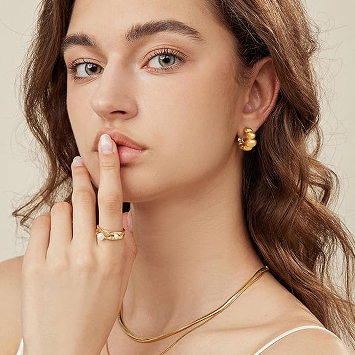 8YEARS Chunky Gold Hoop Earring for Women, 18K Gold Plated Lightweight Thick Hoops, Hypoallergenic Trendy Jewelry for Gift