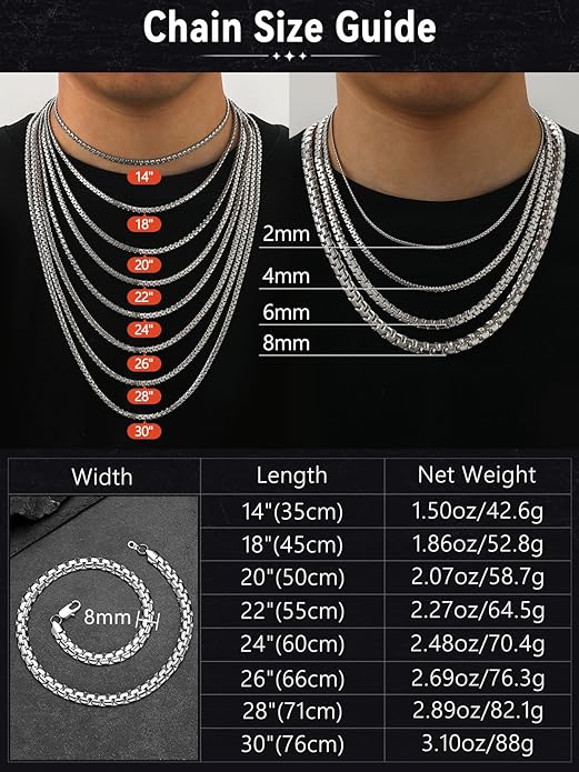 FaithHeart Mens Black/Silver/Gold Stainless Steel Flat Box Link Chain Necklace, Stylish 2/4/6/8mm Width Box Chains Necklaces for Men Non Tarnish Hip Hop Chain Jewelry Gifts,14"-30" Length