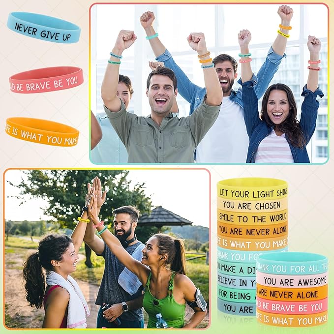 JUNEBRUSHS 64pcs Motivational Silicone Bracelets Bulk Colored Inspirational Rubber Wristbands Unisex for Student Teacher Office Prizes Gifts Back to School Party Favor Supplies (16 Designs)